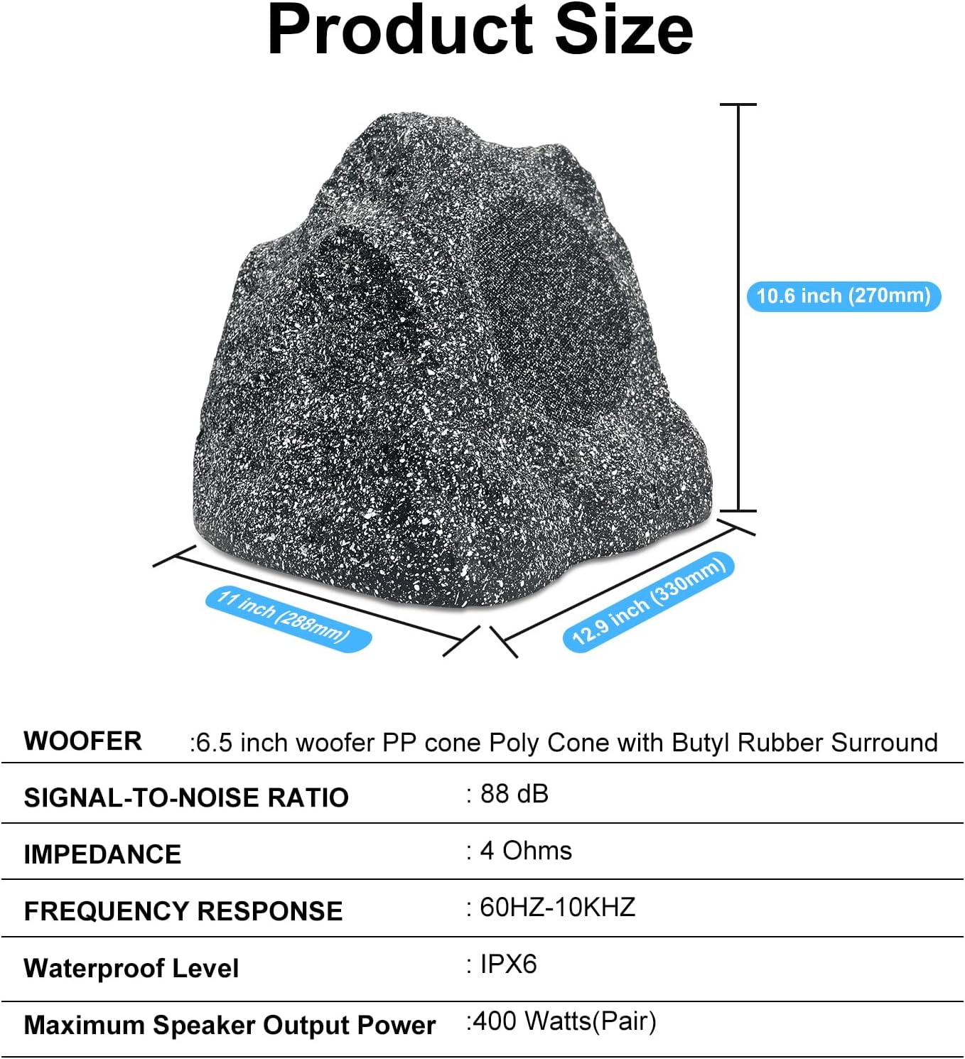 STUDIOFINIX 6.5" Outdoor Rock Bluetooth Speakers | 400W Waterproof Deep Bass (1 Pair, Gray)
