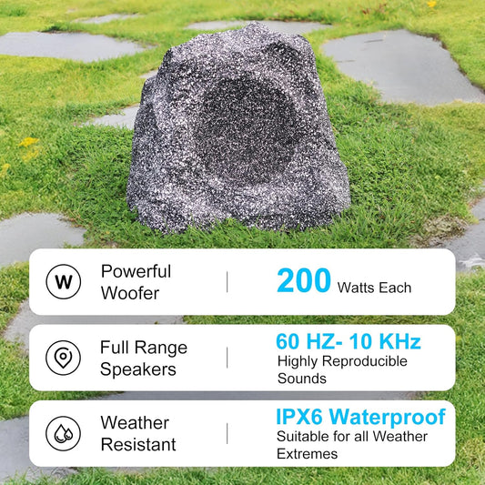 STUDIOFINIX 6.5" Outdoor Rock Bluetooth Speakers | 400W Waterproof IPX6 (Pair, Gray)