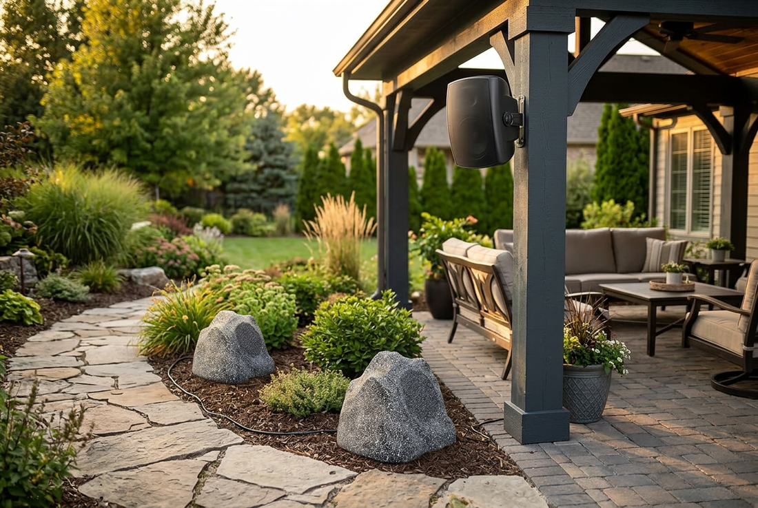 Rock speakers in a landscaped backyard beside a covered patio with a wall-mounted outdoor speaker