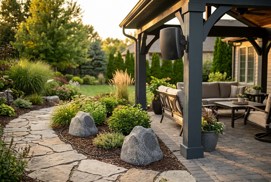 Rock speakers beside a landscaped garden path and a wall-mounted speaker on a covered patio