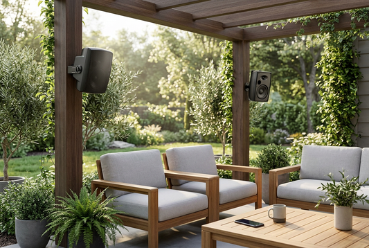 Covered patio with two wall-mounted outdoor speakers, lounge seating and a smartphone on a coffee table