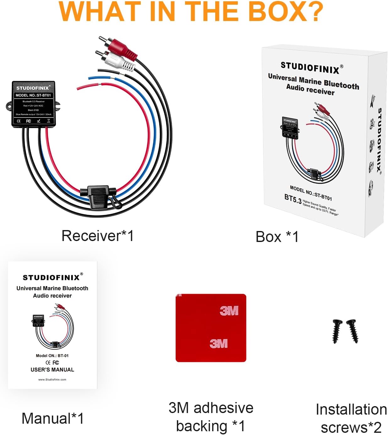 STUDIOFINIX Marine Bluetooth Receiver -BT 5.3 Remote Wireless Connectivity, IP67 Rated Waterproof Stero Male RCA Output for Vehicle Modifications of Yachts, Motorcycles, Golf Carts, etc.