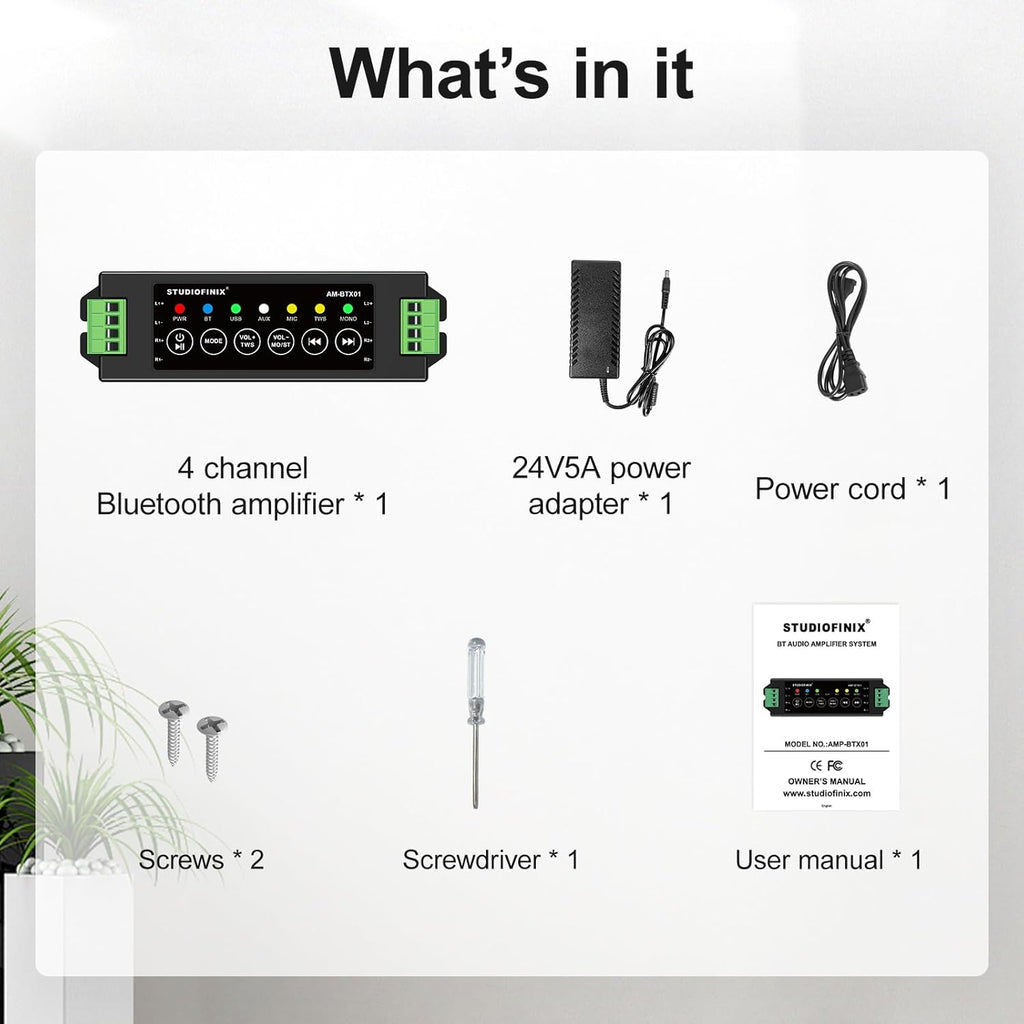 STUODIOFINIX 4-Channel Mini Bluetooth Amplifier 120w for Passive Speakers with TWS,AUX,MIC,USB,Replacement Part,Suitable for Wall/Ceiling/Marine/Bookshelf Speakers