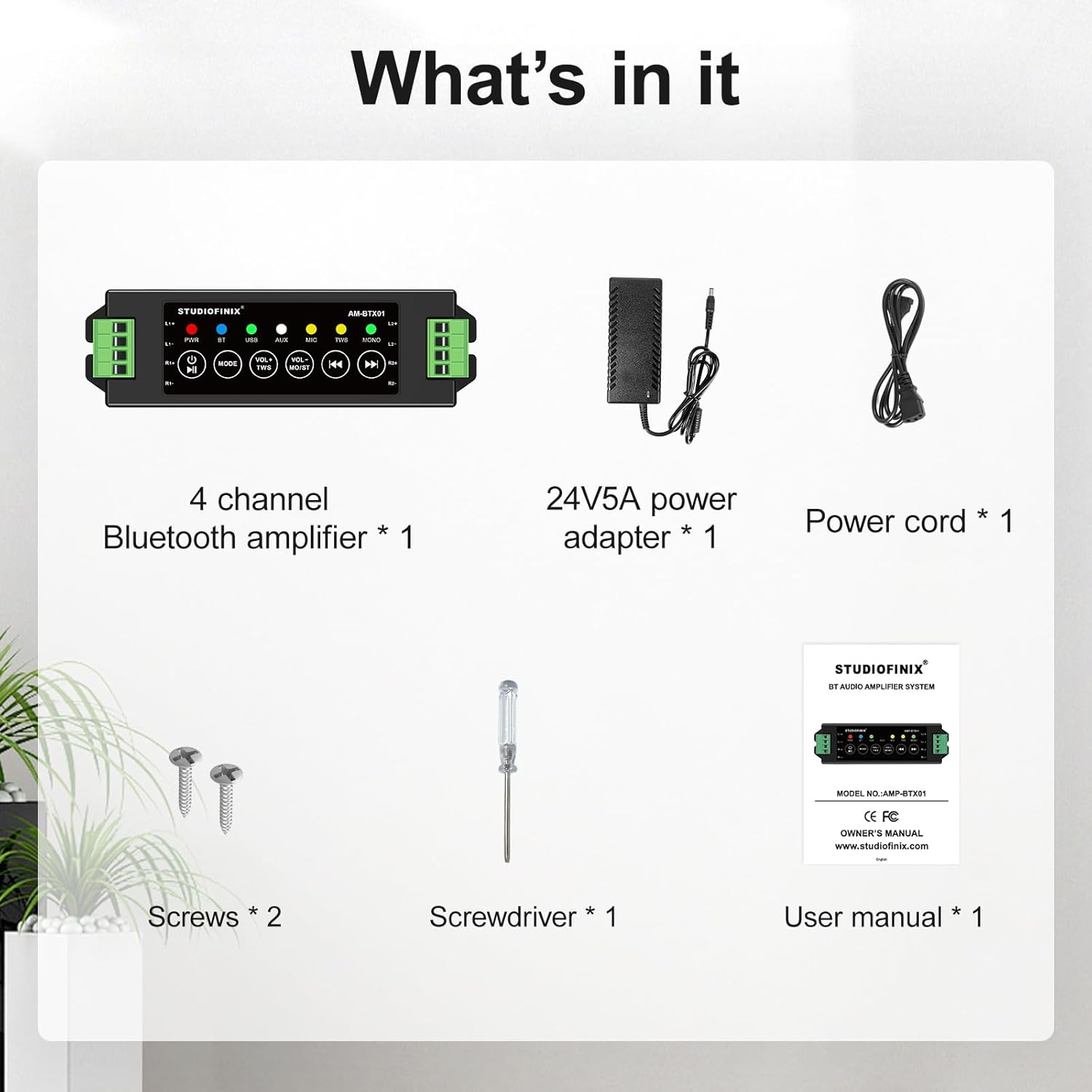 STUODIOFINIX 4-Channel Mini Bluetooth Amplifier 120w for Passive Speakers with TWS,AUX,MIC,USB,Replacement Part,Suitable for Wall/Ceiling/Marine/Bookshelf Speakers