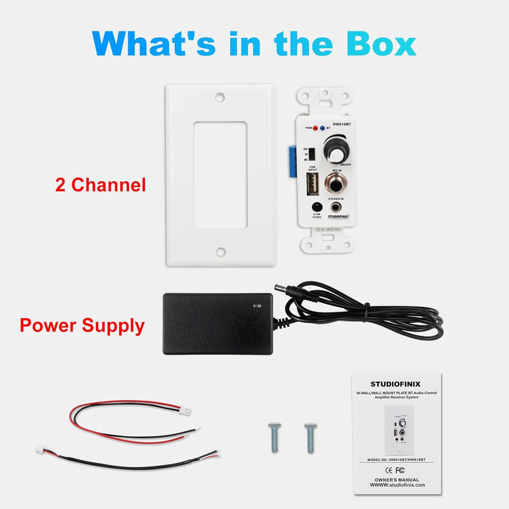 STUDIOFINIX Wall-Mounted 2-Channel Bluetooth Amplifier | 100W | USB, AUX & Mic Inputs