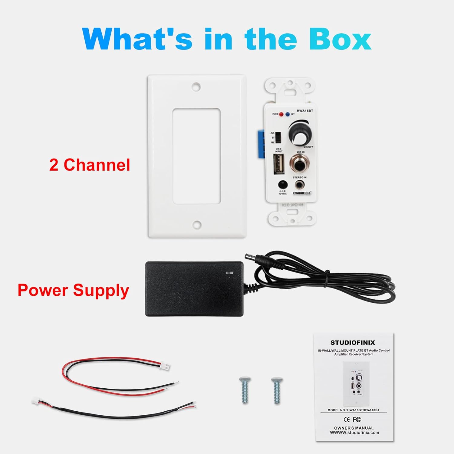 STUDIOFINIX Wall-Mounted 2-Channel Bluetooth Amplifier | 100W | USB, AUX & Mic Inputs