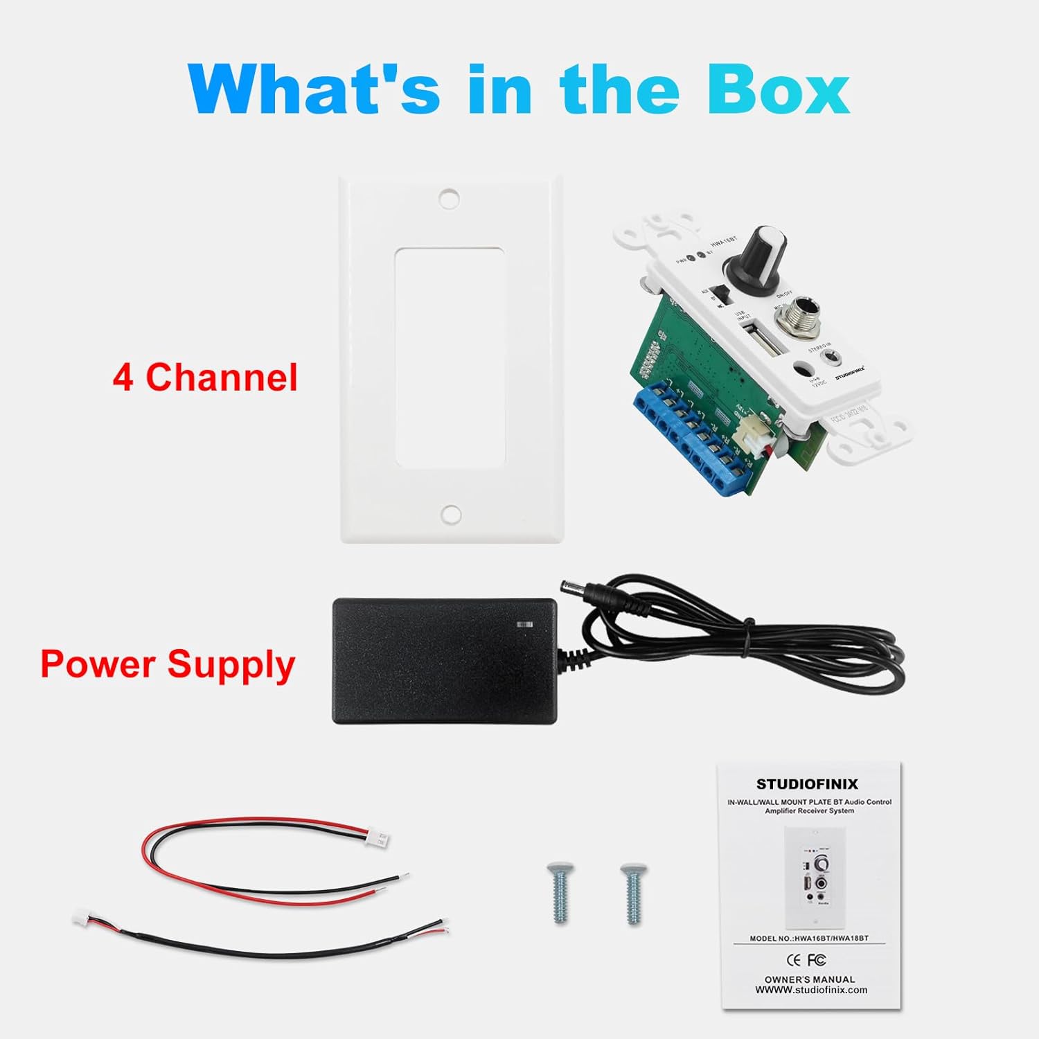 STUDIOFINIX BTX-HWA16BT In-Wall Bluetooth Amplifier | 4-Channel Wall Plate Audio Receiver