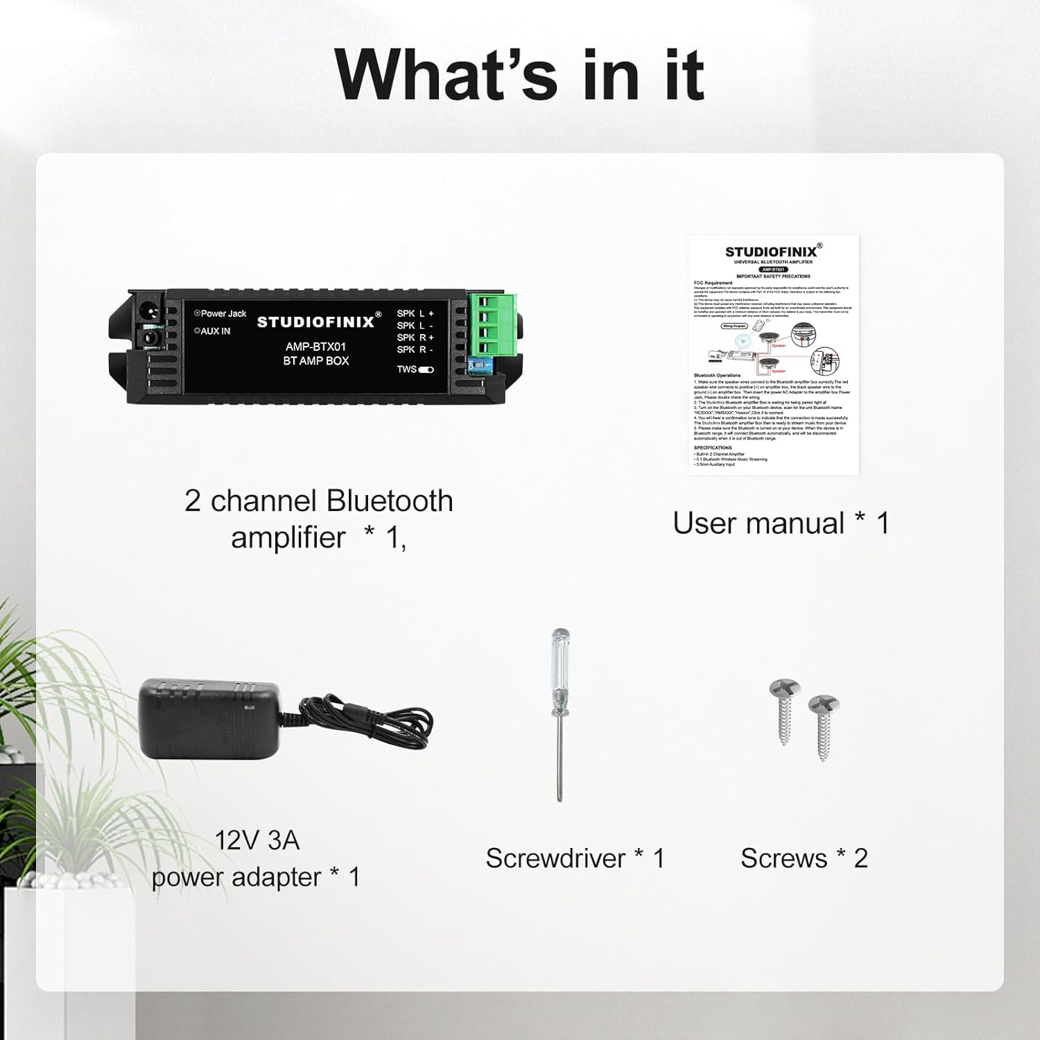 STUODIOFINIX 2-Channel Mini 5.1 Bluetooth Amplifier for Passive Speakers with TWS,AUX,Replacement Part,Suitable for Wall/Ceiling/Bookshelf Speakers