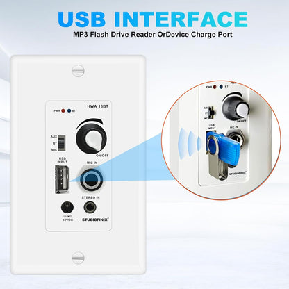 STUDIOFINIX Wall-Mounted 2-Channel Bluetooth Amplifier | 100W | USB, AUX & Mic Inputs
