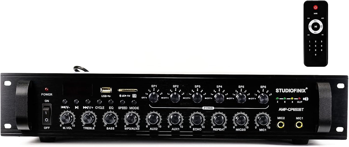 STUDIOFINIX 650W 6-Zone 70V Commercial Bluetooth Amplifier, 2U Rack Mount, 3 Mic with Echo, Optical Coaxial USB RCA FM, for Restaurants Office Bar Cafés Villa,Compatible with 4-16Ω Speakers