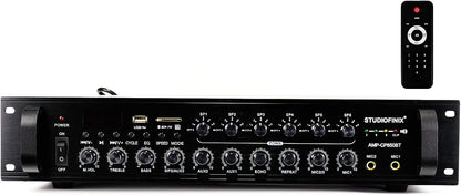 STUDIOFINIX 650W 6-Zone 70V Commercial Bluetooth Amplifier, 2U Rack Mount, 3 Mic with Echo, Optical Coaxial USB RCA FM, for Restaurants Office Bar Cafés Villa,Compatible with 4-16Ω Speakers