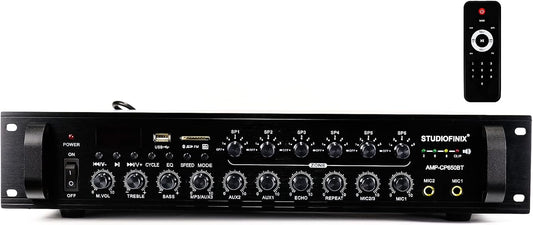 STUDIOFINIX 650W 6-Zone 70V Commercial Bluetooth Amplifier, 2U Rack Mount, 3 Mic with Echo, Optical Coaxial USB RCA FM, for Restaurants Office Bar Cafés Villa,Compatible with 4-16Ω Speakers