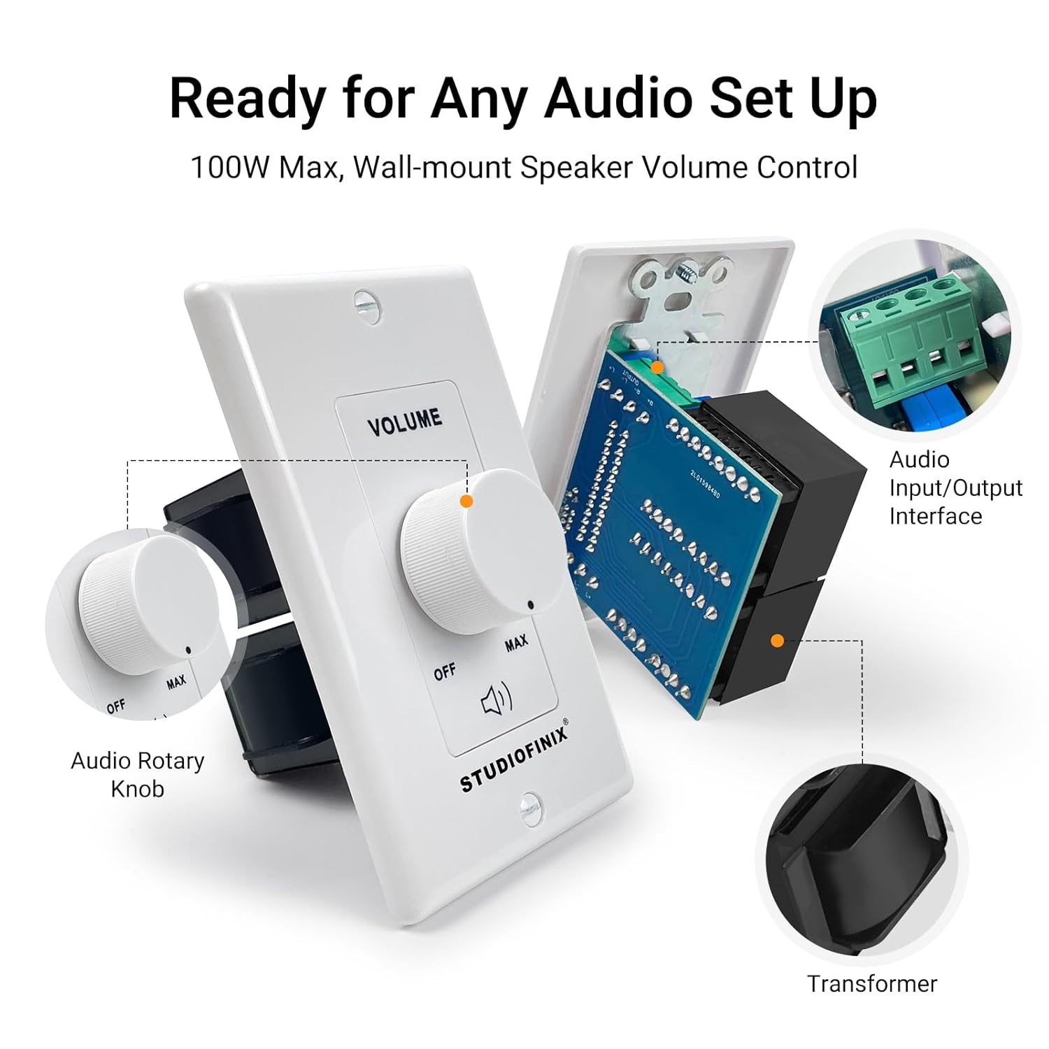 STUDIOFINIX 100W in Wall Volume Control Knob Matching Impedance - Home Audio Smart Speaker Stereo Controller Switch for Home Theater Indoor/Outdoor Remote Speakers
