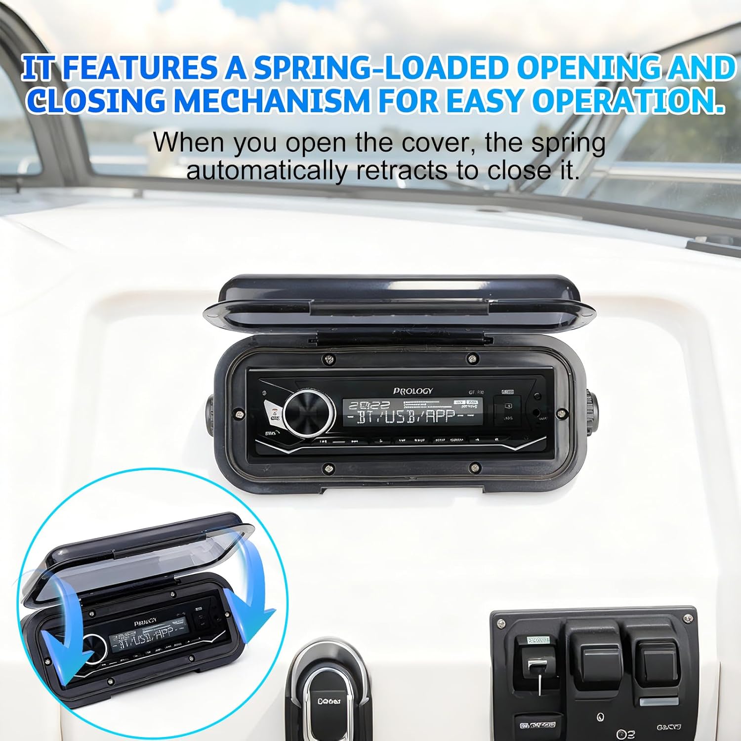 STUDIOFINIX Marine Radio Cover | Waterproof Flip-Up Door, UV-Resistant ABS | Boat Stereo Shield (Black)