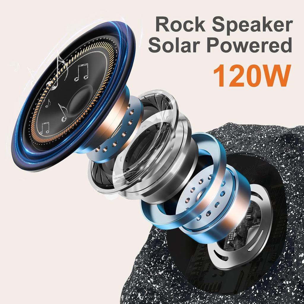 STUDIOFINIX 8" Outdoor Rock Speaker Waterproof Bluetooth Wireless Solar Powered with Rechargeable Battery for Patio, Deck, Pool, Garden(Single, Gray)