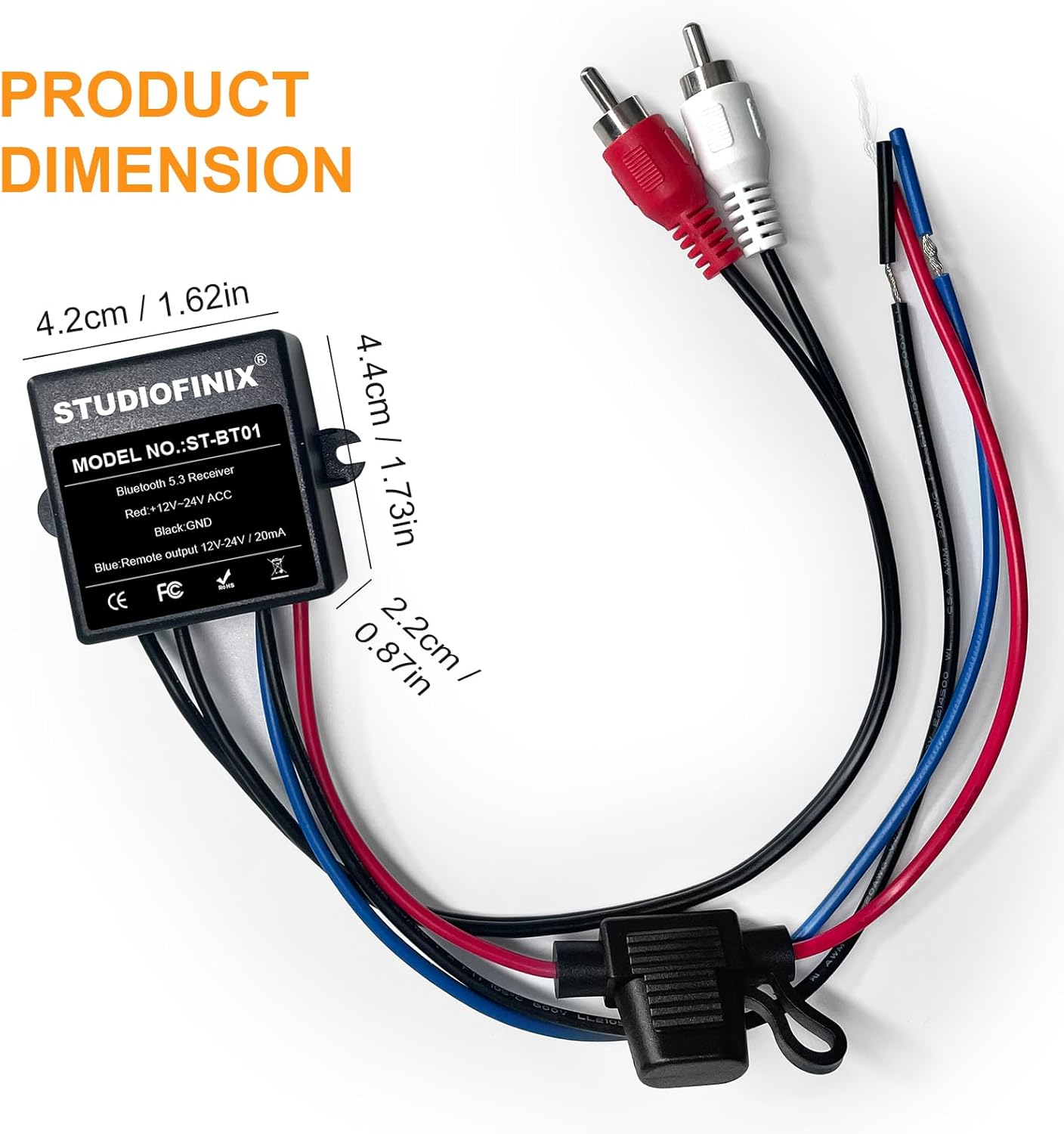 STUDIOFINIX Marine Bluetooth Receiver -BT 5.3 Remote Wireless Connectivity, IP67 Rated Waterproof Stero Male RCA Output for Vehicle Modifications of Yachts, Motorcycles, Golf Carts, etc.