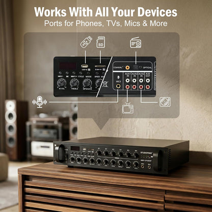 STUDIOFINIX 650W 6-Zone 70V Commercial Bluetooth Amplifier, 2U Rack Mount, 3 Mic with Echo, Optical Coaxial USB RCA FM, for Restaurants Office Bar Cafés Villa,Compatible with 4-16Ω Speakers