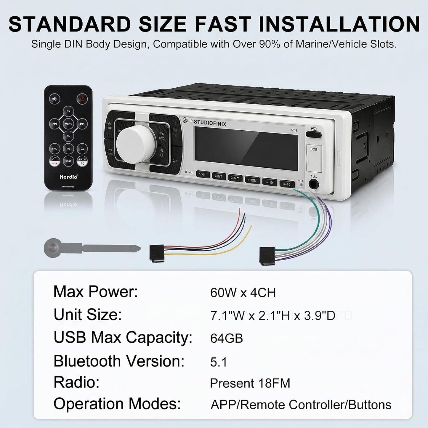 STUDIOFINIX Single DIN Marine Car Stereo Receiver | 240W Bluetooth 5.1 | FM/AM, USB, AUX, APP Control (White)