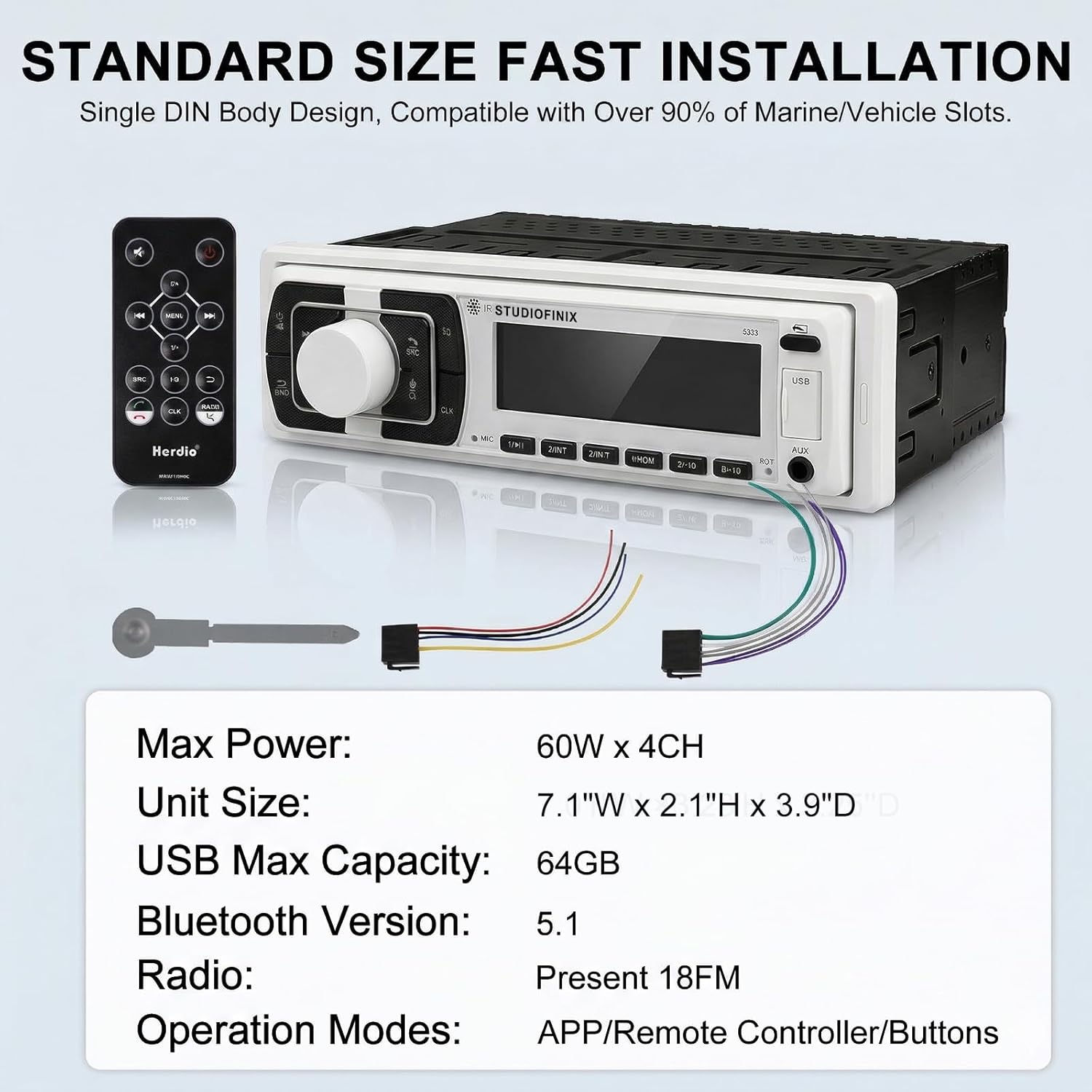 STUDIOFINIX Single DIN Marine Car Stereo Receiver | 240W Bluetooth 5.1 | FM/AM, USB, AUX, APP Control (White)