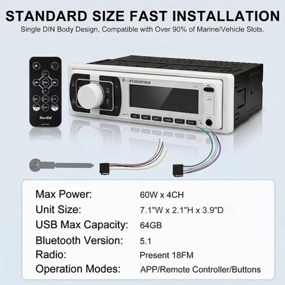 STUDIOFINIX Single DIN Marine Car Stereo Receiver | 240W Bluetooth 5.1 | FM/AM, USB, AUX, APP Control (White)