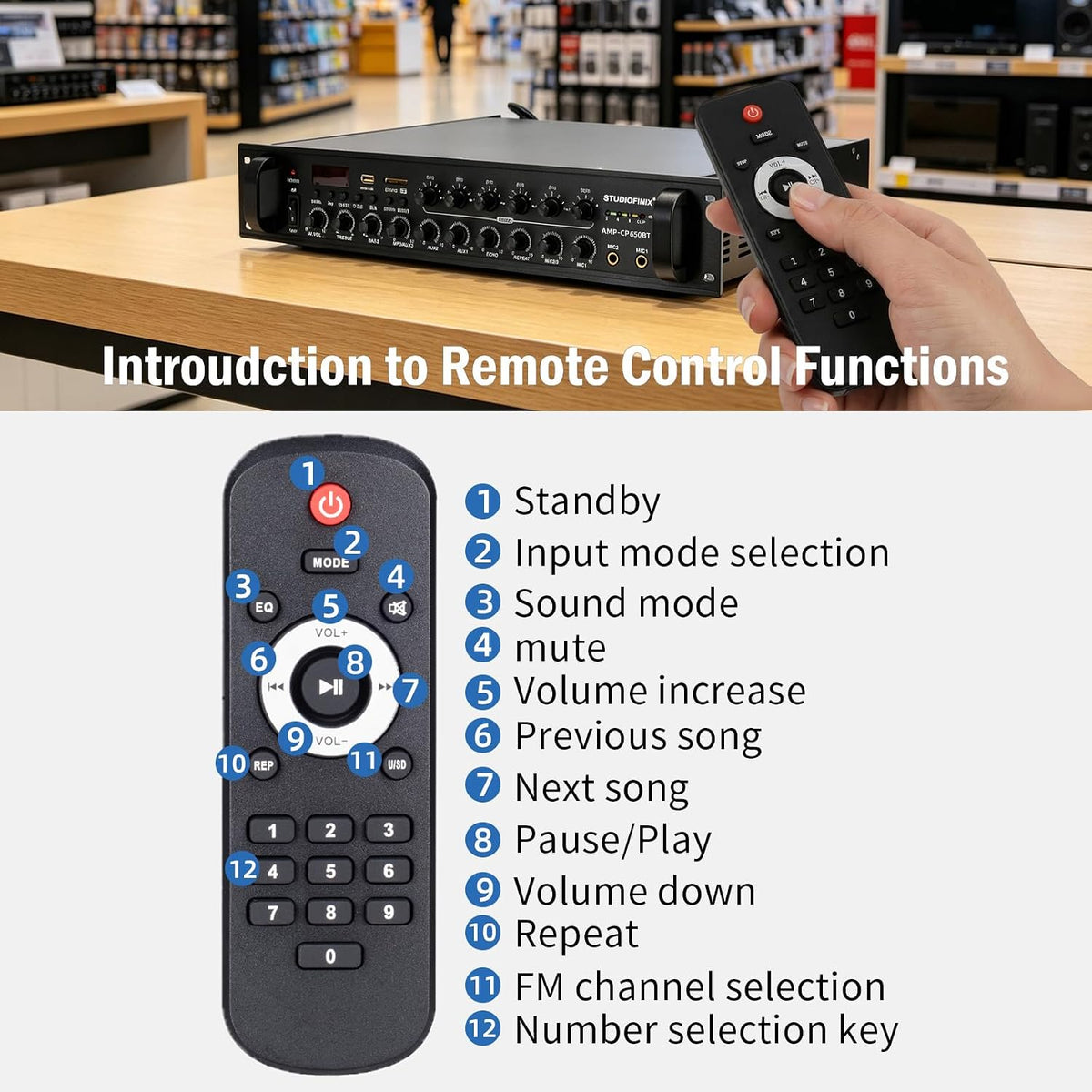 STUDIOFINIX 650W 6-Zone 70V Commercial Bluetooth Amplifier, 2U Rack Mount, 3 Mic with Echo, Optical Coaxial USB RCA FM, for Restaurants Office Bar Cafés Villa,Compatible with 4-16Ω Speakers