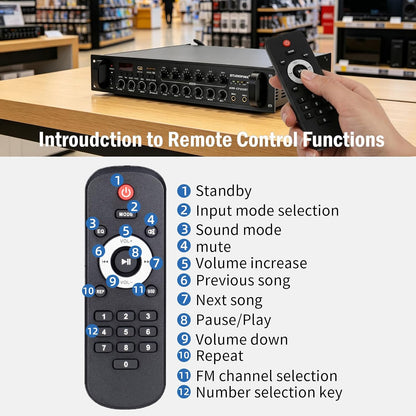 STUDIOFINIX 650W 6-Zone 70V Commercial Bluetooth Amplifier, 2U Rack Mount, 3 Mic with Echo, Optical Coaxial USB RCA FM, for Restaurants Office Bar Cafés Villa,Compatible with 4-16Ω Speakers