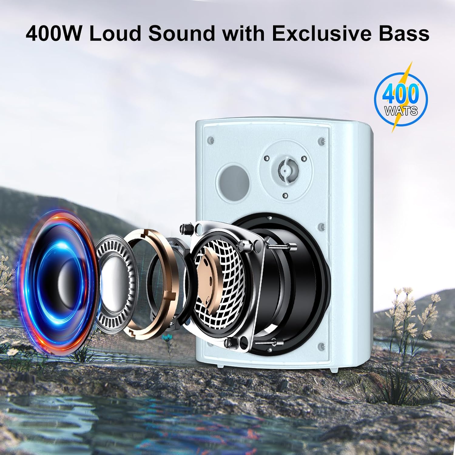 STUDIOFINIX 6.5 Inch 400W Outdoor Speakers Wired Waterproof Passive, Wall Mount Speakers for Patio Home Garage Pool (White)