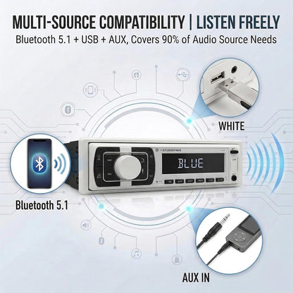 STUDIOFINIX Single DIN Marine Car Stereo Receiver | 240W Bluetooth 5.1 | FM/AM, USB, AUX, APP Control (White)
