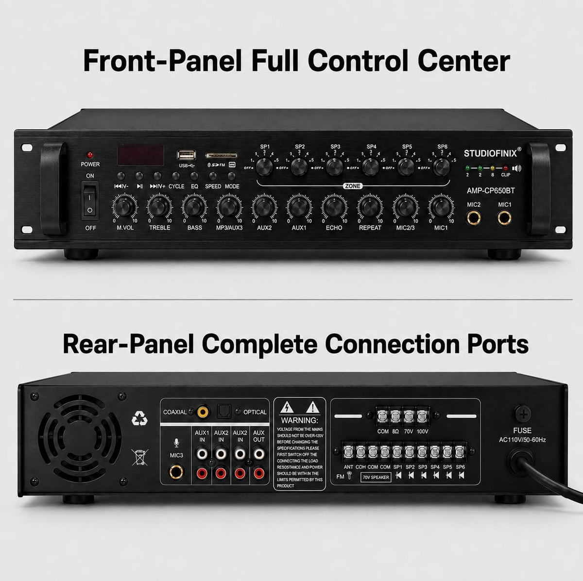 STUDIOFINIX 650W 6-Zone 70V Commercial Bluetooth Amplifier, 2U Rack Mount, 3 Mic with Echo, Optical Coaxial USB RCA FM, for Restaurants Office Bar Cafés Villa,Compatible with 4-16Ω Speakers