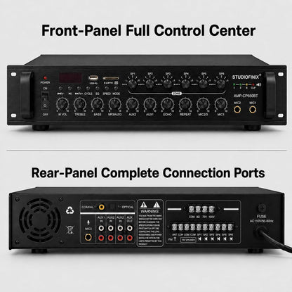 STUDIOFINIX 650W 6-Zone 70V Commercial Bluetooth Amplifier, 2U Rack Mount, 3 Mic with Echo, Optical Coaxial USB RCA FM, for Restaurants Office Bar Cafés Villa,Compatible with 4-16Ω Speakers