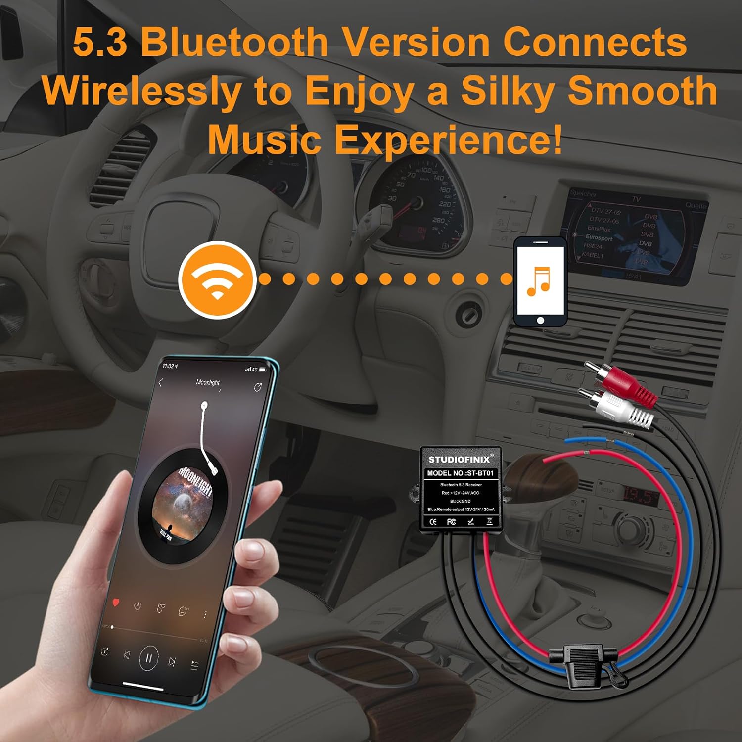 STUDIOFINIX Marine Bluetooth Receiver -BT 5.3 Remote Wireless Connectivity, IP67 Rated Waterproof Stero Male RCA Output for Vehicle Modifications of Yachts, Motorcycles, Golf Carts, etc.