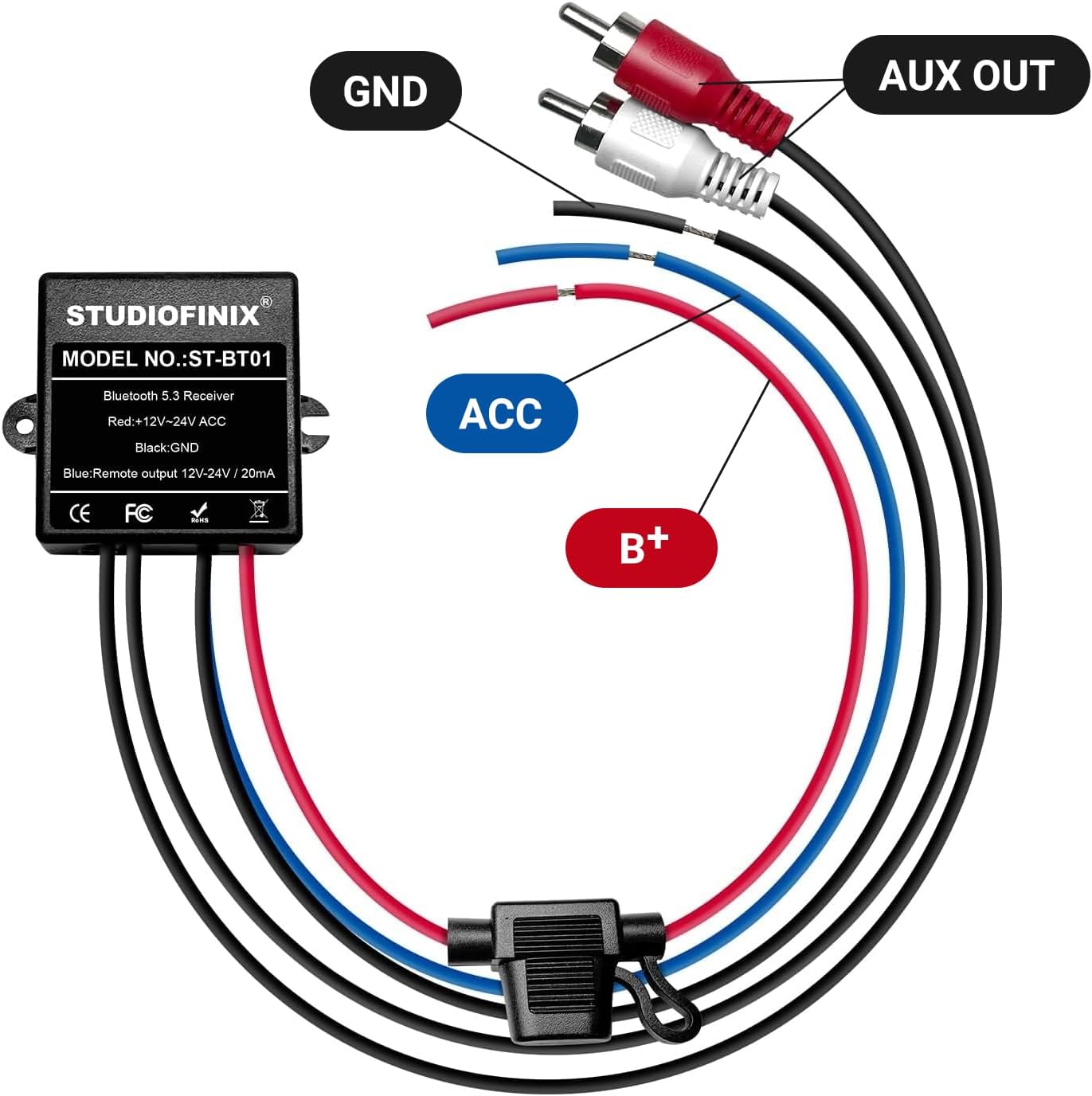 STUDIOFINIX Marine Bluetooth Receiver -BT 5.3 Remote Wireless Connectivity, IP67 Rated Waterproof Stero Male RCA Output for Vehicle Modifications of Yachts, Motorcycles, Golf Carts, etc.