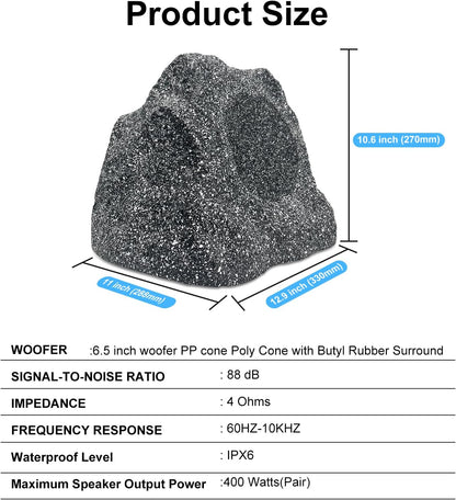 Studiofinix 6.5-inch Bluetooth Waterproof Outdoor Rock Speakers 400 Watts (1 Pair, Gray)