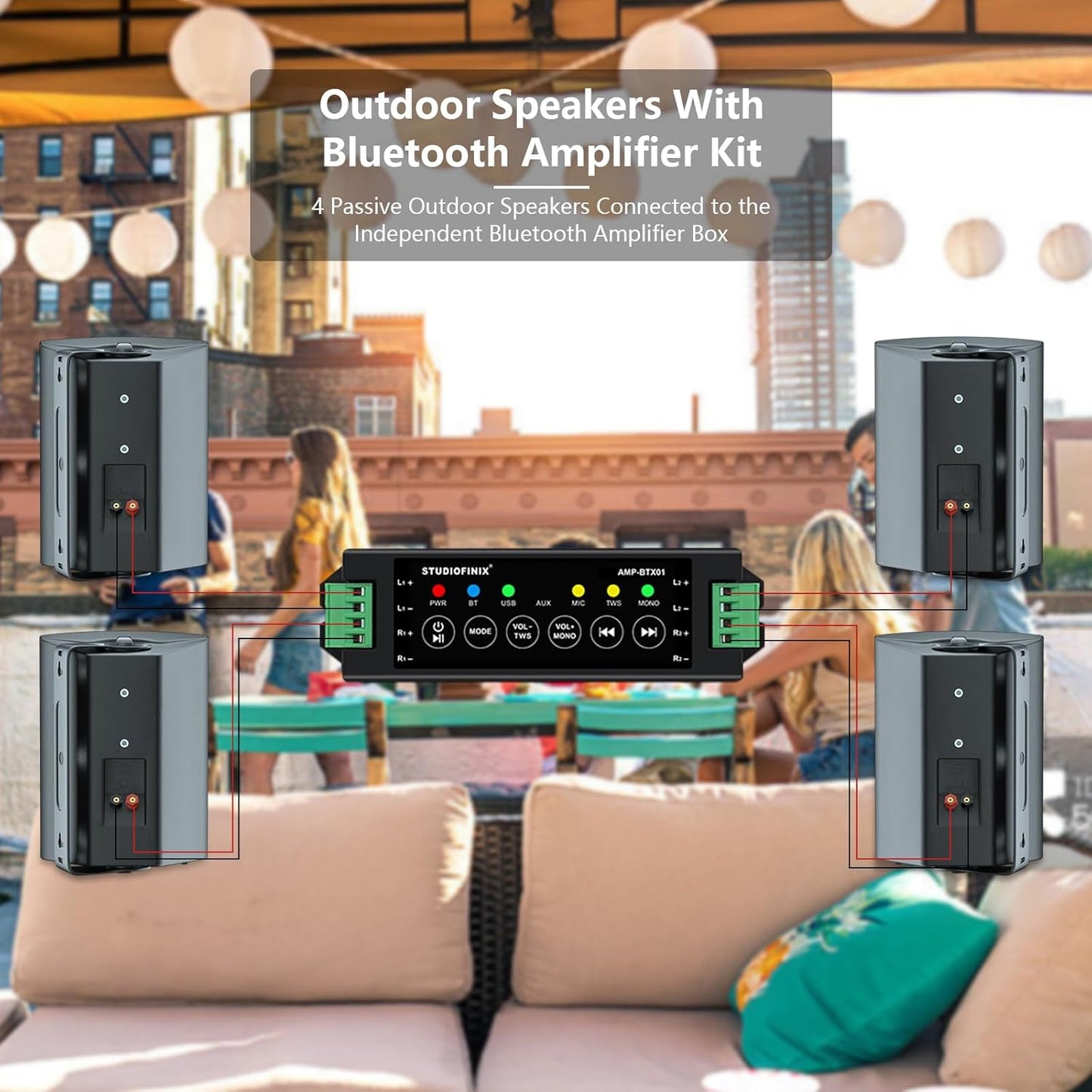 STUDIOFINIX 800W Outdoor Bluetooth Speaker System | IP66 Waterproof Wall Mount with Amplifier (4 Speakers)