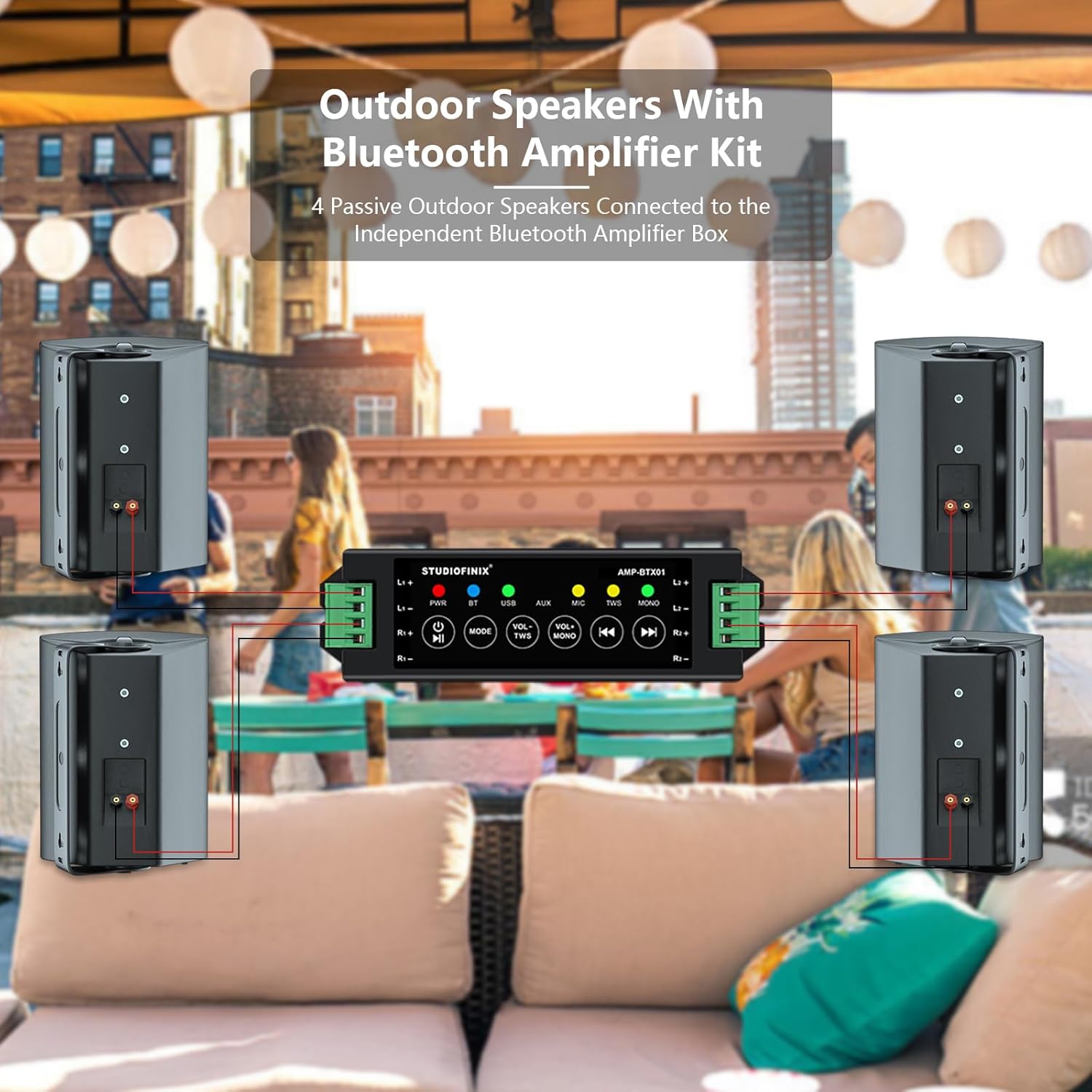 STUDIOFINIX 800W Outdoor Bluetooth Speaker System | IP66 Waterproof Wall Mount with Amplifier (4 Speakers)