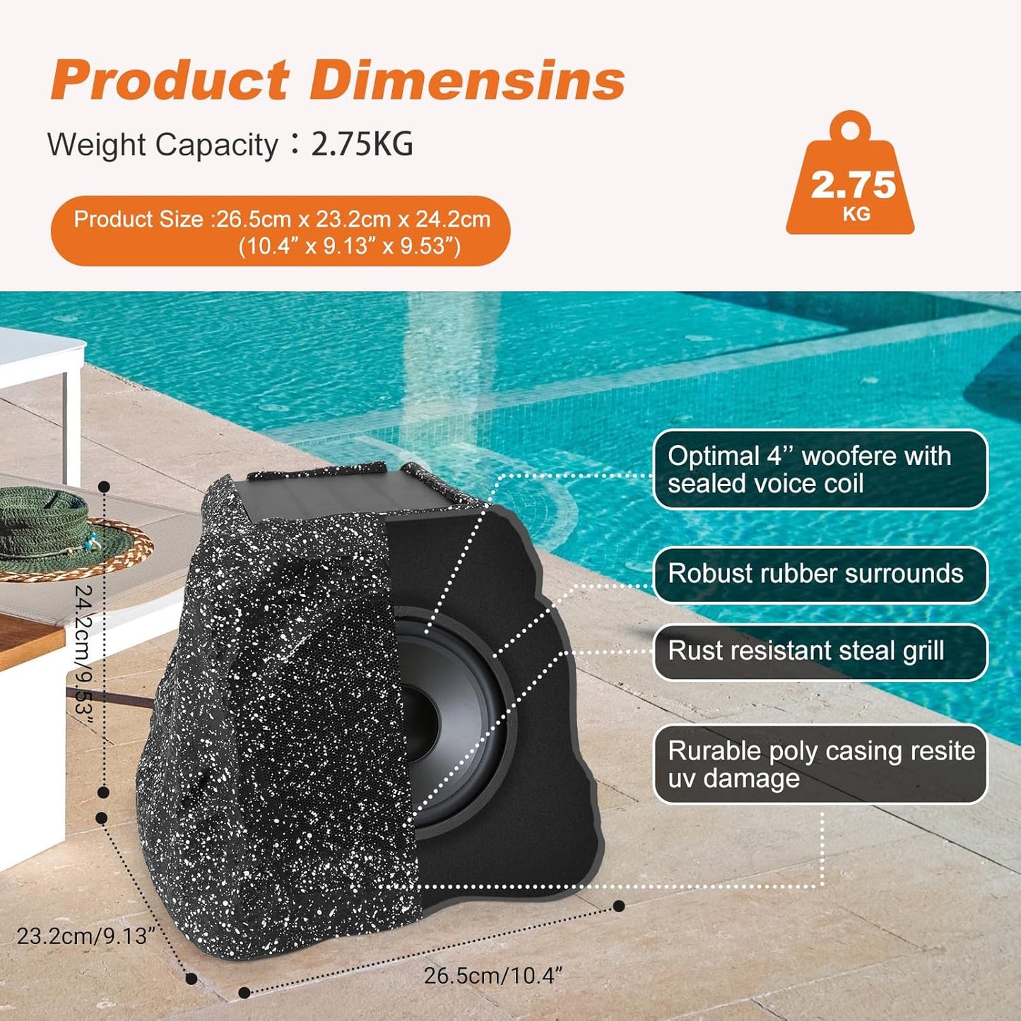 STUDIOFINIX 4" Solar-Powered Outdoor Rock Bluetooth Speaker | Waterproof Rechargeable (Single, Gray)