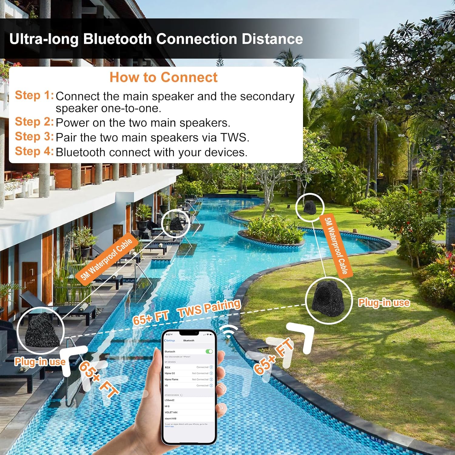 STUDIOFINIX 6.5'' 800W Bluetooth Outdoor Rock Speakers System Waterproof Wired IPX7 with Superior Timbre. Ideal for Garden, Pool Area, Patio & Park (2 Pair)