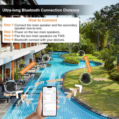 STUDIOFINIX 6.5'' 800W Bluetooth Outdoor Rock Speakers System Waterproof Wired IPX7 with Superior Timbre. Ideal for Garden, Pool Area, Patio & Park (2 Pair)