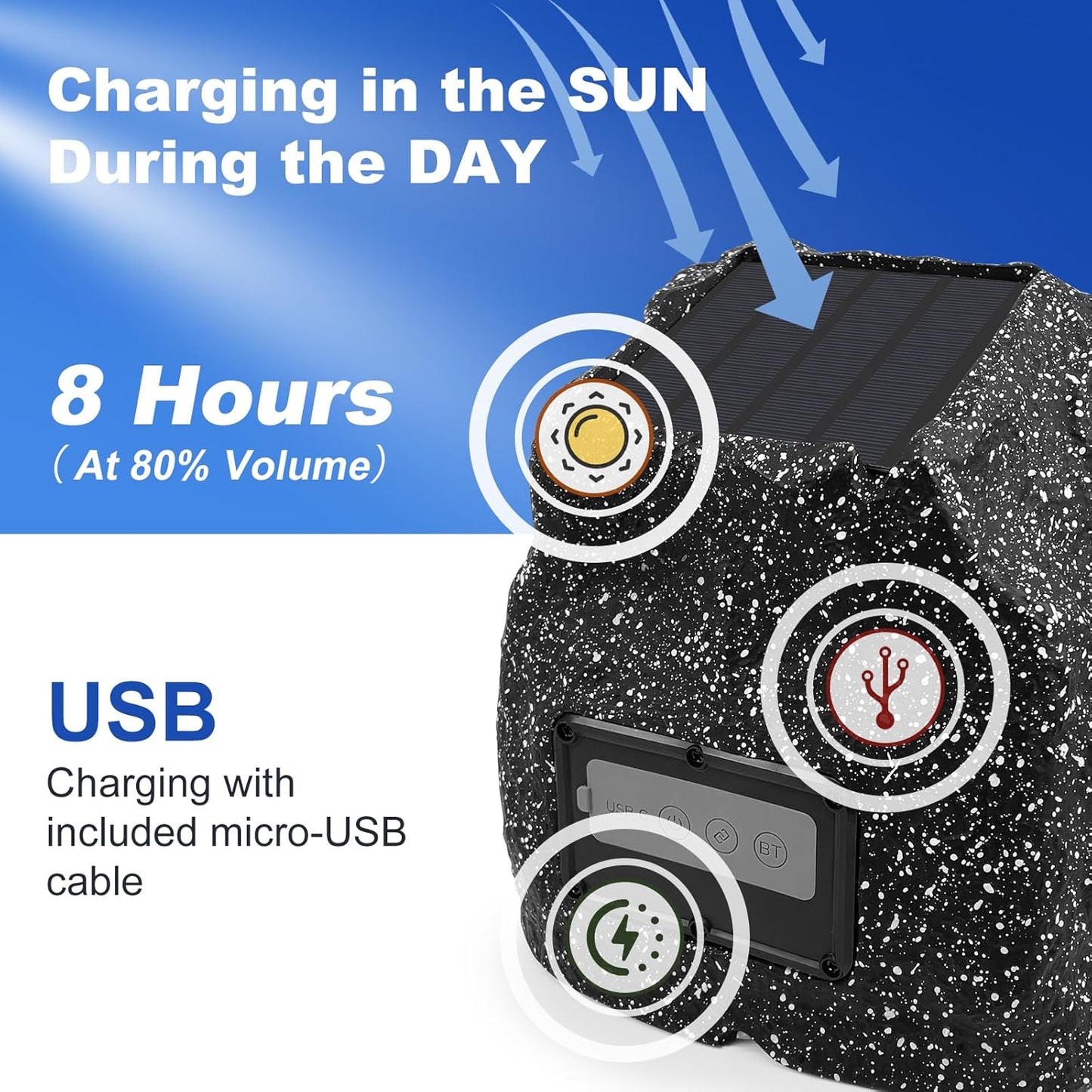 STUDIOFINIX 8" Rock Speakers Outdoor Waterproof - 5.3 Bluetooth Wireless Speaker Solar Powered Max Peak 240W for Garden,Patio,Deck,Pool,Backyard (Gray 1 Pair)