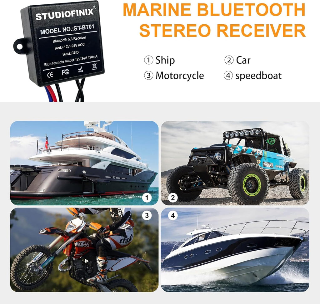STUDIOFINIX Marine Bluetooth Receiver -BT 5.3 Remote Wireless Connectivity, IP67 Rated Waterproof Stero Male RCA Output for Vehicle Modifications of Yachts, Motorcycles, Golf Carts, etc.