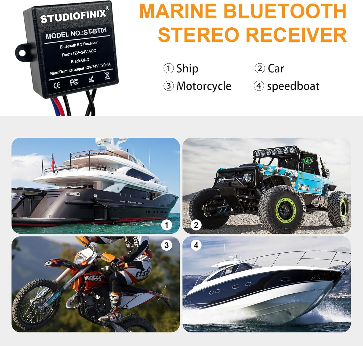 STUDIOFINIX Marine Bluetooth Receiver -BT 5.3 Remote Wireless Connectivity, IP67 Rated Waterproof Stero Male RCA Output for Vehicle Modifications of Yachts, Motorcycles, Golf Carts, etc.