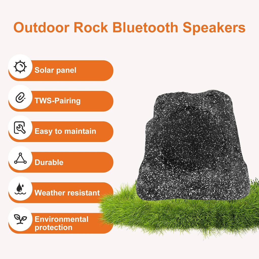 STUDIOFINIX 8" Rock Speakers Outdoor Waterproof - 5.3 Bluetooth Wireless Speaker Solar Powered Max Peak 240W for Garden,Patio,Deck,Pool,Backyard (Gray 1 Pair)