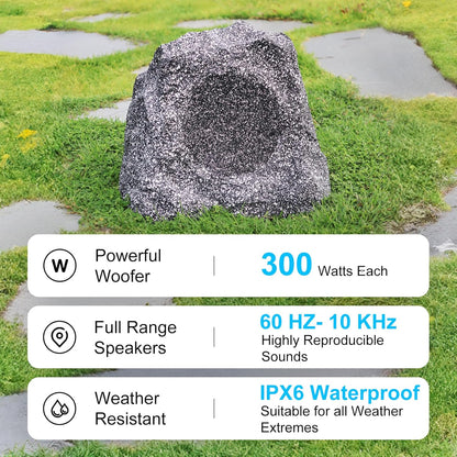 STUDIOFINIX 8" Outdoor Rock Bluetooth Speakers | 600W IPX6 Waterproof (Pair, Gray)