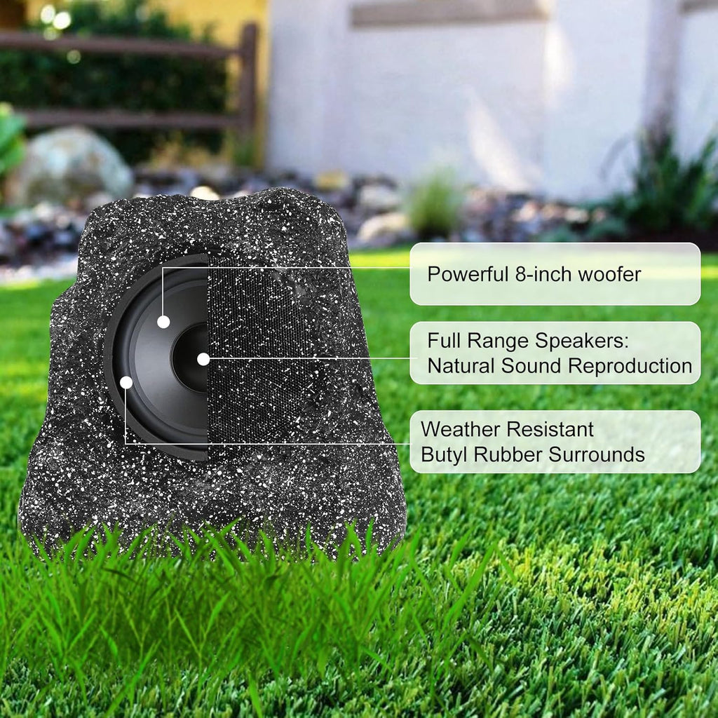 STUDIOFINIX 8" Outdoor Rock Speaker Waterproof Bluetooth Wireless Solar Powered with Rechargeable Battery for Patio, Deck, Pool, Garden(Single, Gray)