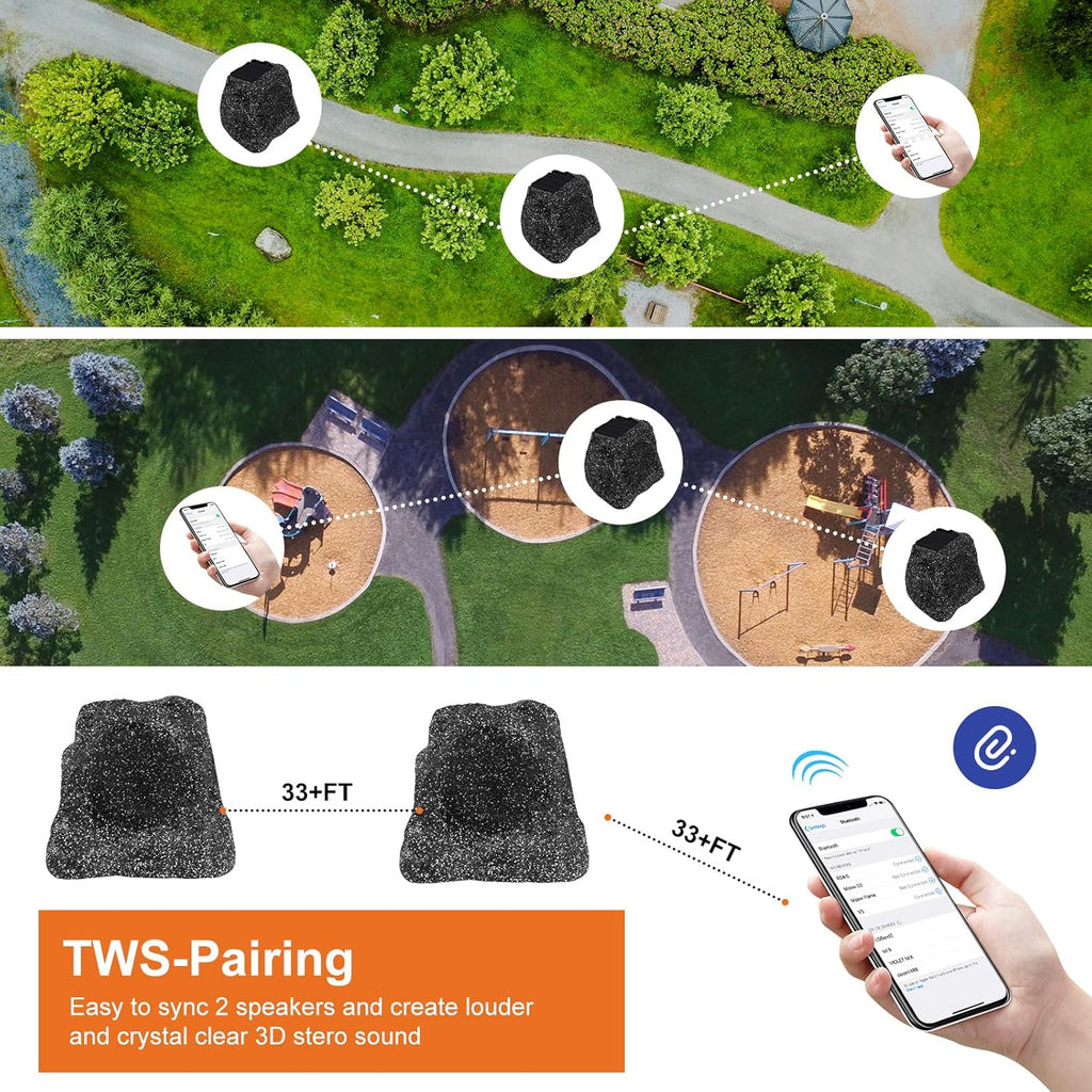 STUDIOFINIX 8" Rock Speakers Outdoor Waterproof - 5.3 Bluetooth Wireless Speaker Solar Powered Max Peak 240W for Garden,Patio,Deck,Pool,Backyard (Gray 1 Pair)