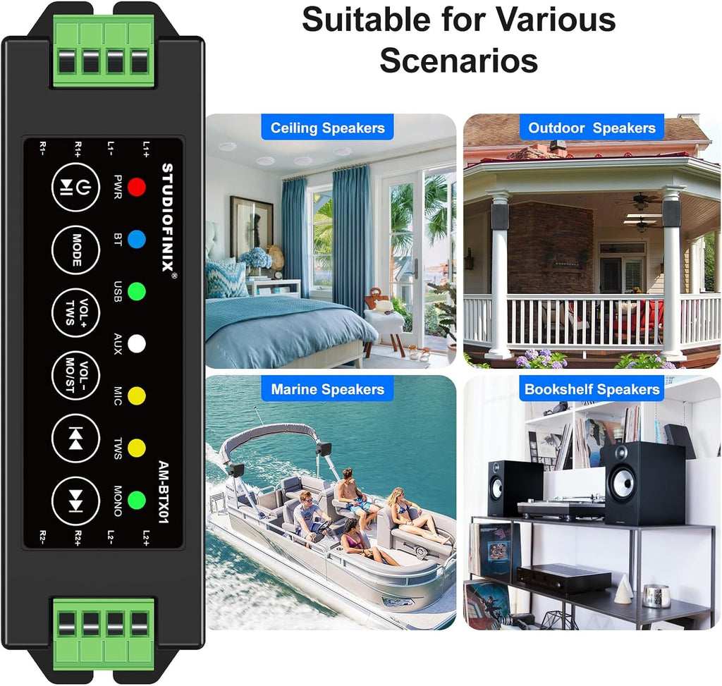 STUODIOFINIX 4-Channel Mini Bluetooth Amplifier 120w for Passive Speakers with TWS,AUX,MIC,USB,Replacement Part,Suitable for Wall/Ceiling/Marine/Bookshelf Speakers