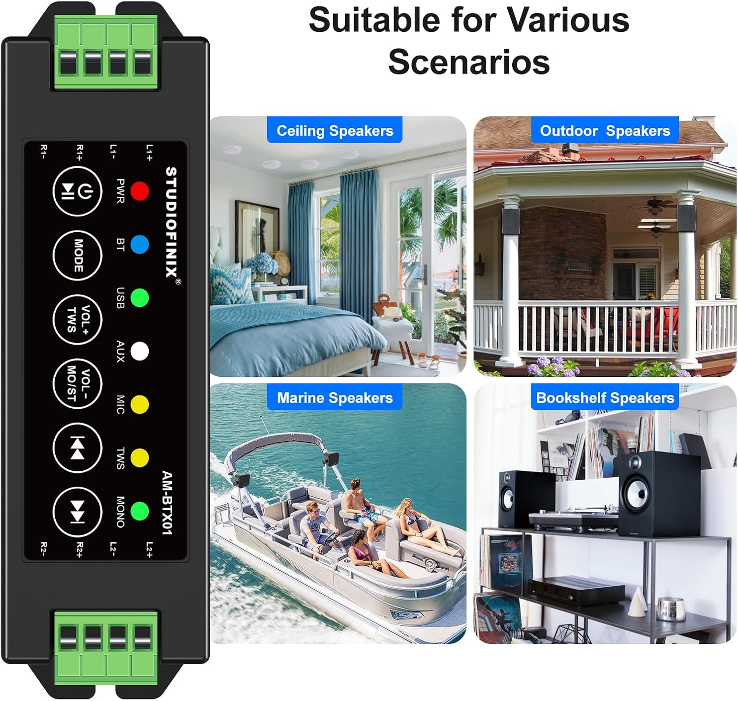 STUODIOFINIX 4-Channel Mini Bluetooth Amplifier 120w for Passive Speakers with TWS,AUX,MIC,USB,Replacement Part,Suitable for Wall/Ceiling/Marine/Bookshelf Speakers