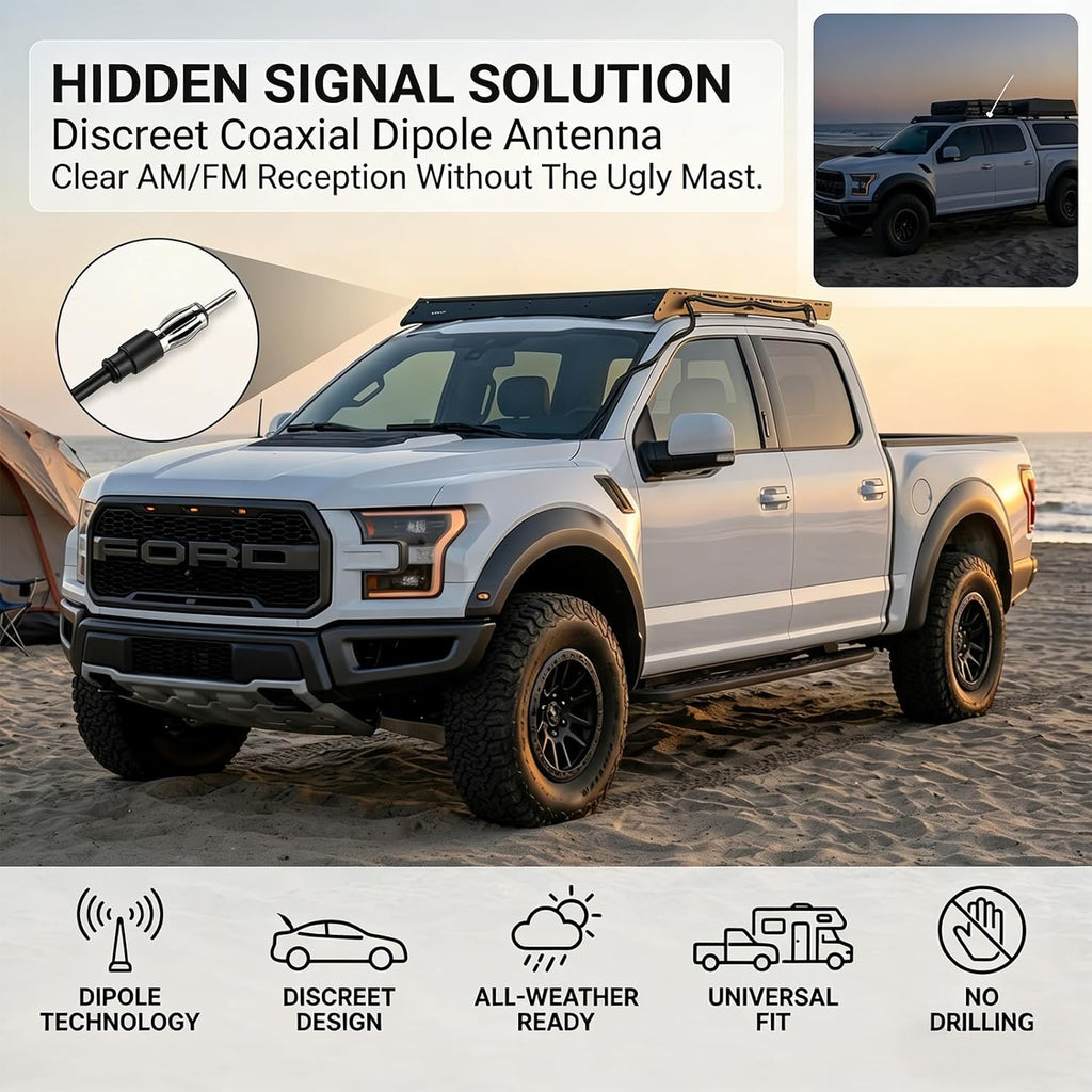 STUDIOFINIX 1.3M Marine FM Radio Antenna | Waterproof Dipole Hideaway | No-Drill Install for Boat, Car & ATV (Black)