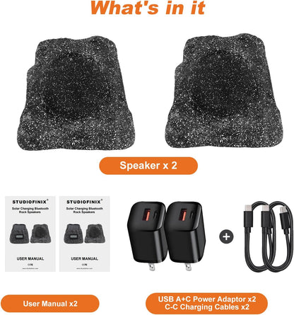 STUDIOFINIX 6.5" Rock Speakers Outdoor Waterproof - 5.3 Bluetooth Wireless Speaker Solar Powered Max Peak 200W for Garden,Patio,Deck,Pool,Backyard (Gray 1 Pair)