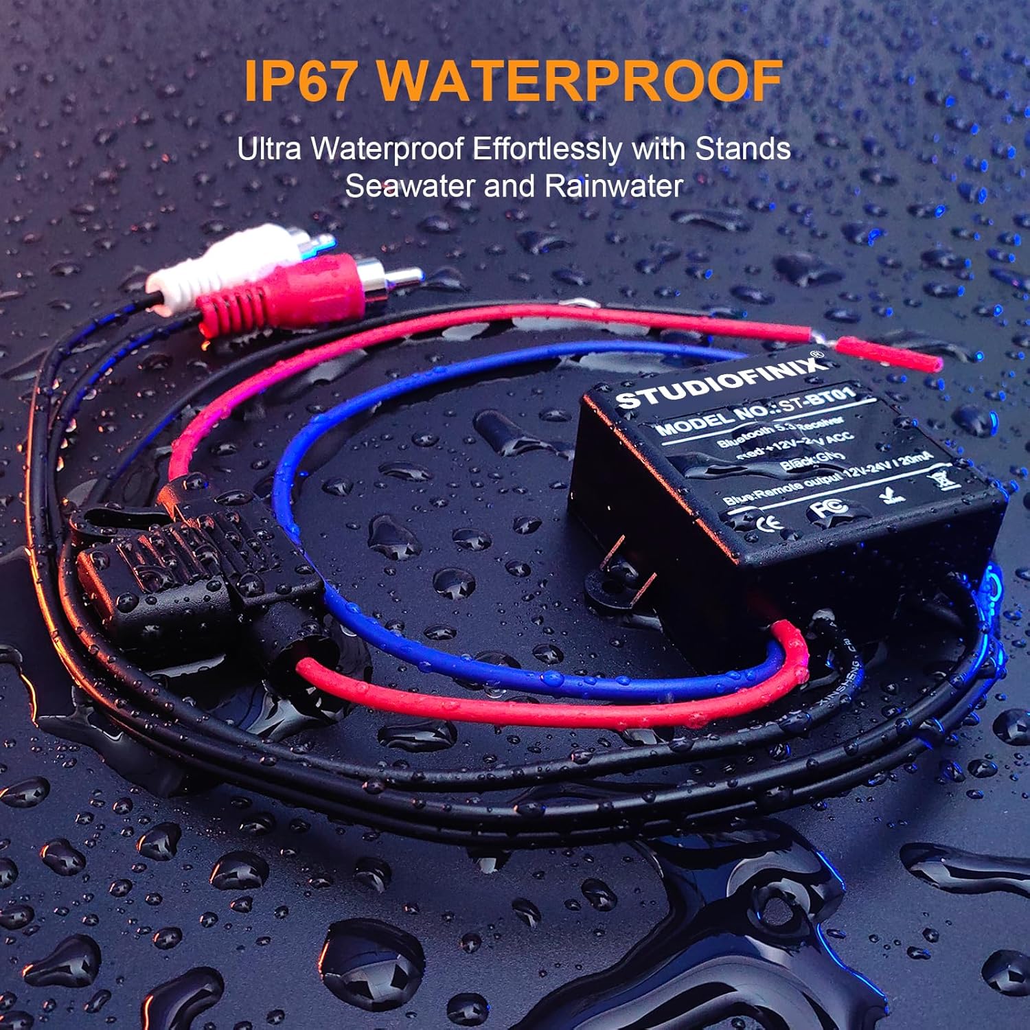 STUDIOFINIX Marine Bluetooth Receiver -BT 5.3 Remote Wireless Connectivity, IP67 Rated Waterproof Stero Male RCA Output for Vehicle Modifications of Yachts, Motorcycles, Golf Carts, etc.